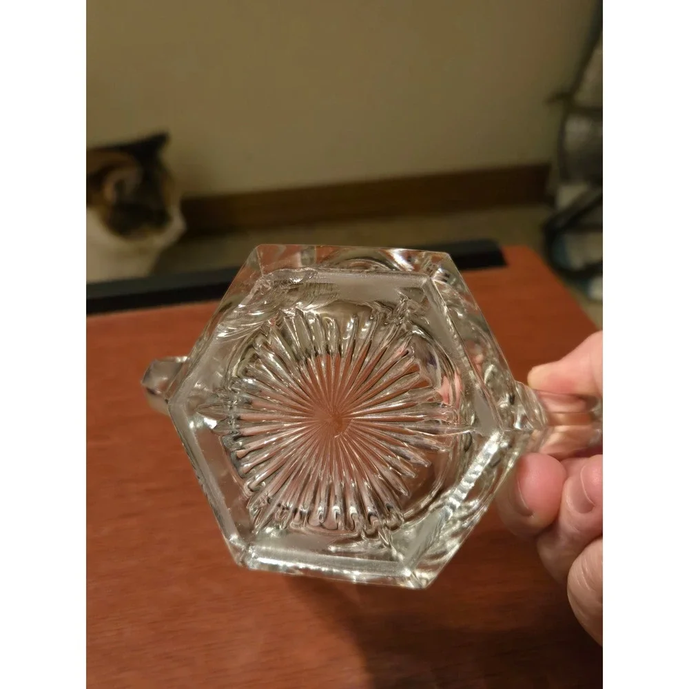 Vintage Pressed Glass Sugar Bowl Double Handle Scalloped Sunburst Hexagon Base